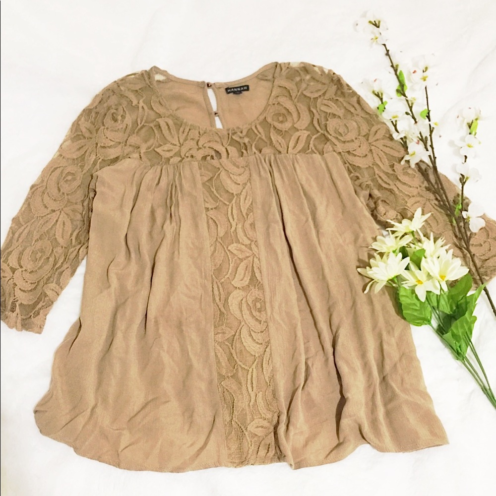 Hannah, Tan Boho Style Flowy Top with Lace Details